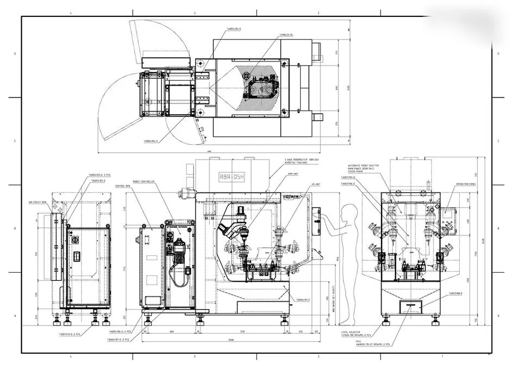 Desenho técnico mecânico de equipamento industrial